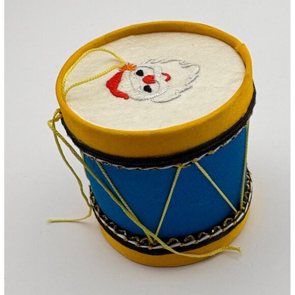 Vintage Drum Christmas Tree Ornament Jolly Santa Face Embroidery Blue and Gold - Picture 4 of 6